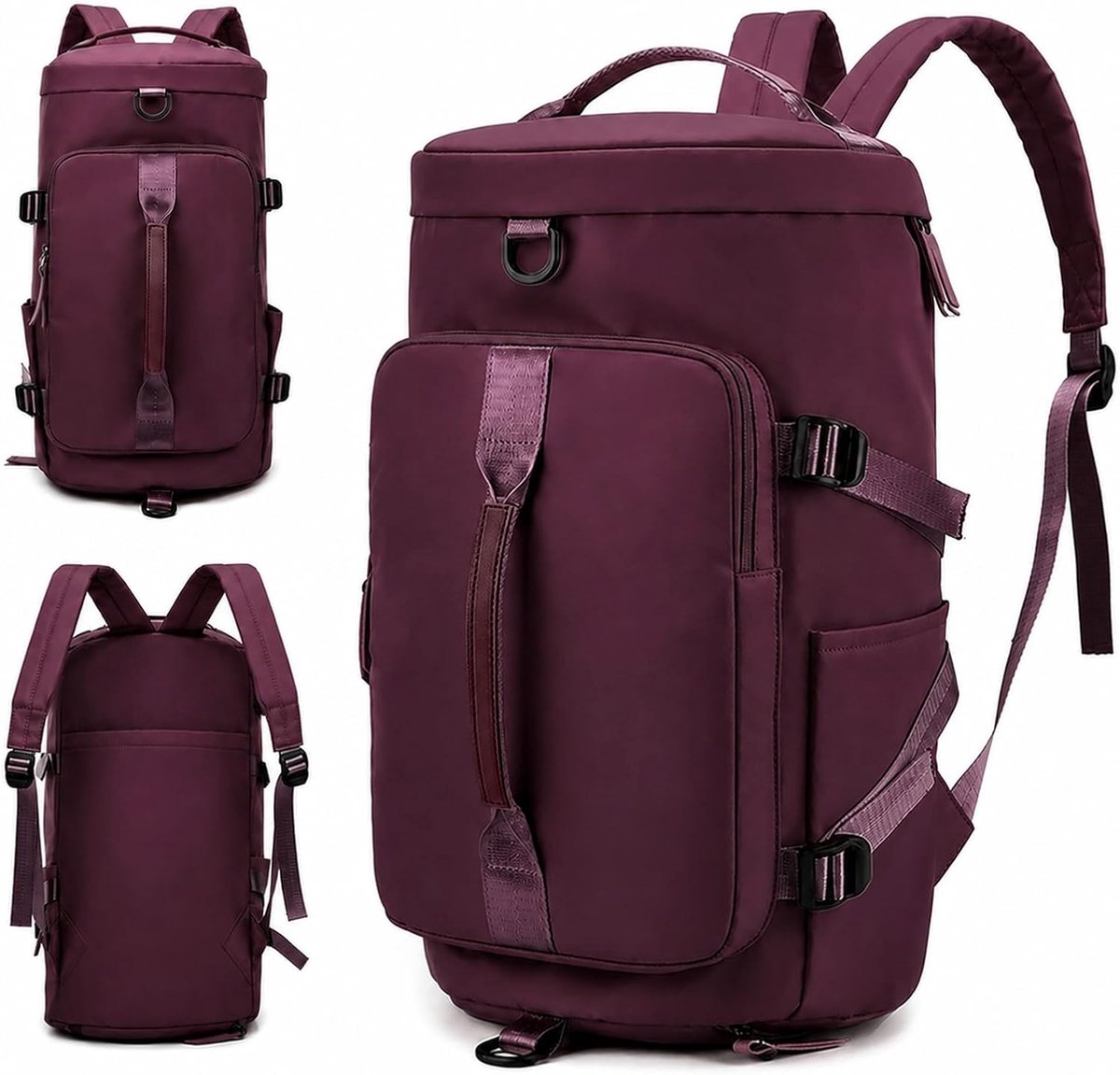 Sporttas met rugzakfunctie, reistas, groot, voor dames en heren, weekendtas met schoenenvak, zwemtas, waterdichte gymtas, duffle bag voor reizen, fitness, sport, donkerpaars, /