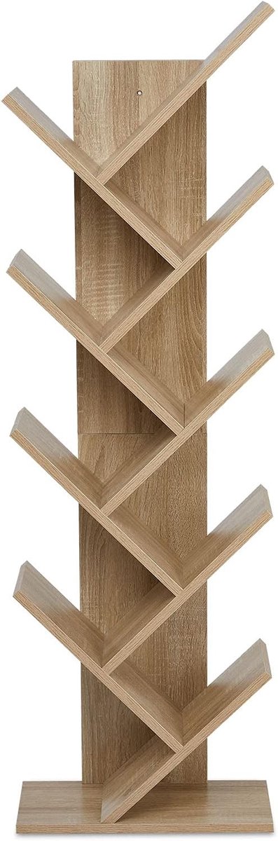 Boekenkast, opbergrek in boomvorm met 9 vakken van hout, voor cd's, tijdschriften in kantoor, boekhandel thuis, 40 x 20 x 127 cm, eiken