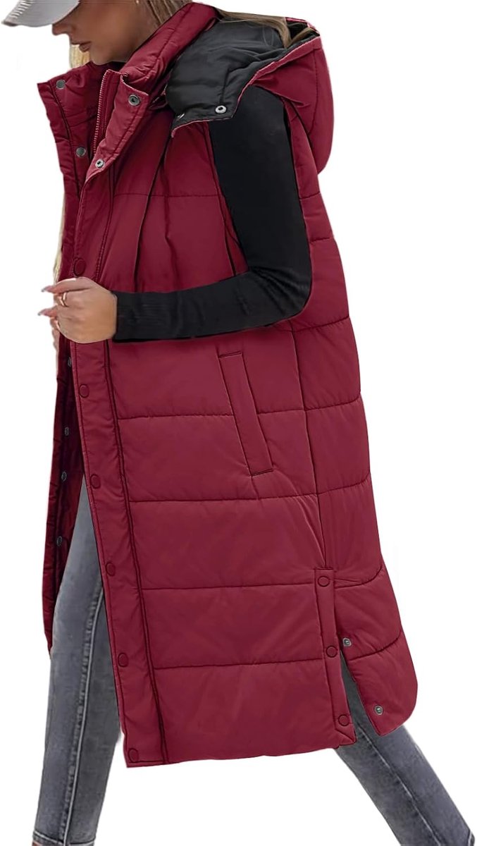 Lang vest voor dames, met capuchon, ritssluiting, gewatteerd vest, donsjack, mouwloos, warm, met zakken