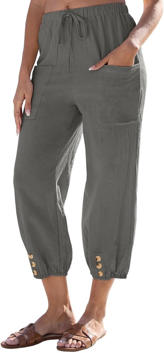 Zomerbroek voor dames, linnen broek met 7/8 knoopdetails, casual broek, verstelbaar trekkoord, brede broek, zijzakken en riem, trekkoord, lichte broek voor dames, comfortabel, elegant