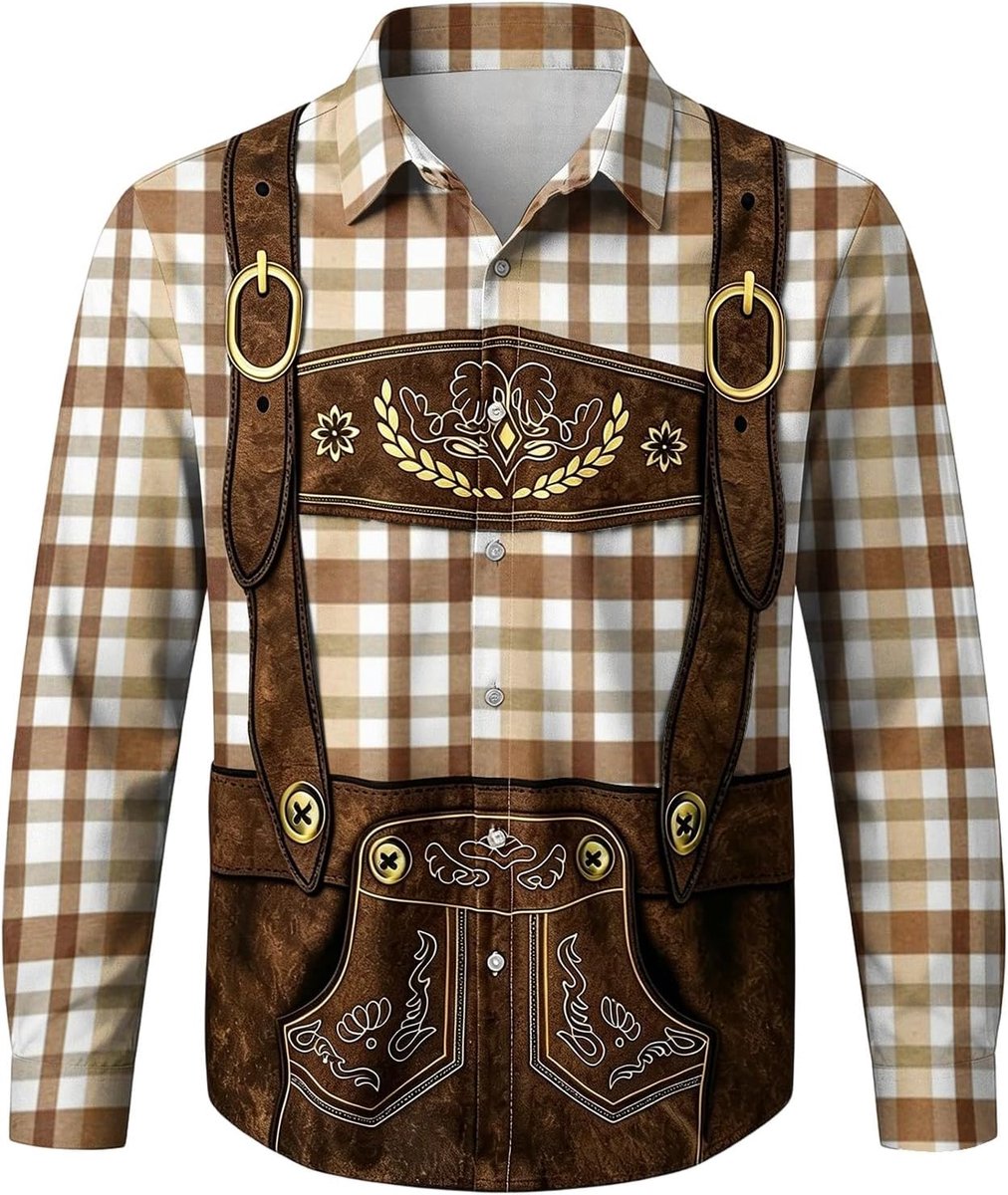 Generisch Trachtenhemd Herren 3D Drucken Bierfest Hemd Oktoberfest Herren Outfit Lässig Button Down Kariertes Hemd Kurzarm Locker Retro Tops Atmungsaktiv Sommer Bayerisches Oberteil