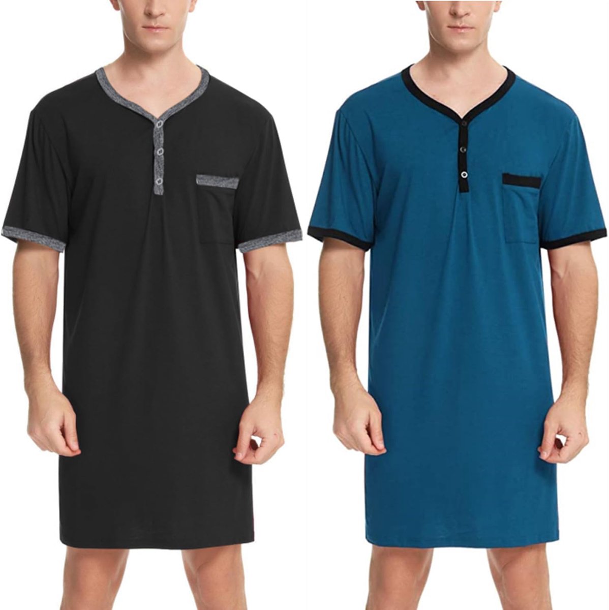 Nachthemd voor heren, katoenen pyjama met lange mouwen, korte mouwen, pyjama-bovenstuk, lang T-shirt, ronde hals met knopen, huiskleding, grote maat, zacht, comfortabel