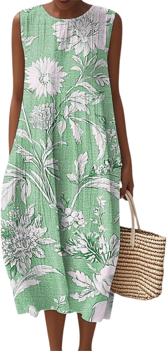 Sommerkleid Damen Elegant Ärmellos Rundhals Musselin Kleid Strandkleid Leicht Und Luftig Leinenkleider Sommer Falten Blumenmuster Kleider Locker Boho Midikleid mit Taschen Blumenkleid Freizeitkleid