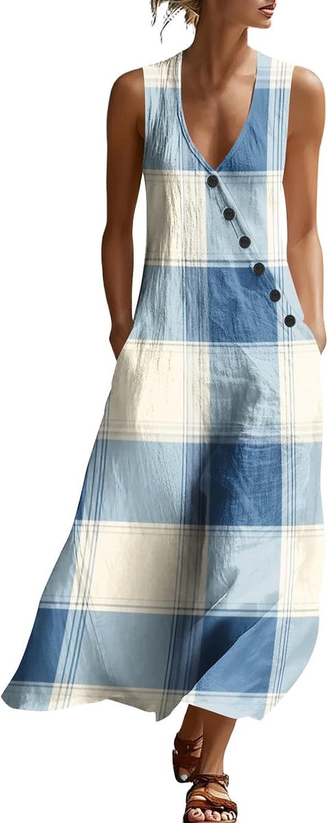 Sommerkleid Damen Leicht und Luftig Strandkleid Lang Baumwolle Freizeitkleid Elegant V-Ausschnitt Ärmellos Partykleid Casual Einfarbig Sommerkleider Luftige Trägerkleid Maxikleid Sommer Mit Taschen