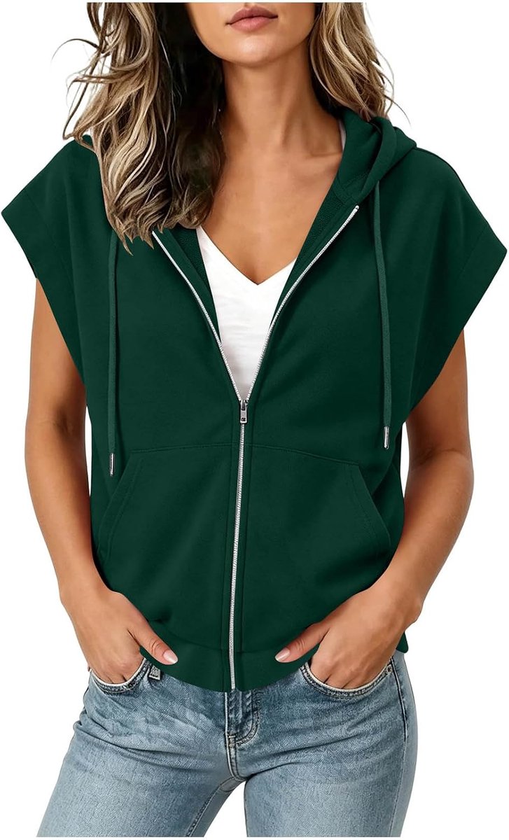 Generisch Sweatshirt Kurzarm Damen,Drawstring Hoodie Damen Dünne Trendiges Loose Fit Kurzarmpullover Mit Kapuze Und Zipper Herbst Lässiges Streetwear Deutschland Sport Hoodie