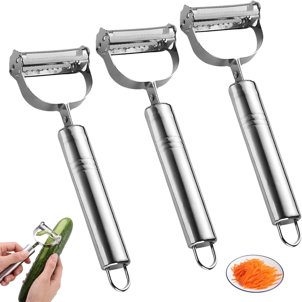 3 stuks multifunctionele groenteschiller – groente- en julienneschiller van roestvrij staal met ergonomische handgreep voor aardappelen, wortelen, komkommers en fruit