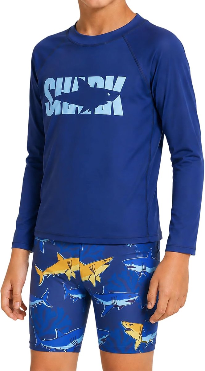 Badpak voor jongens, lange mouwen, badmode, boardshorts, sneldrogend badshirt, kinderbadpak, set voor jongens van 3-12 jaar