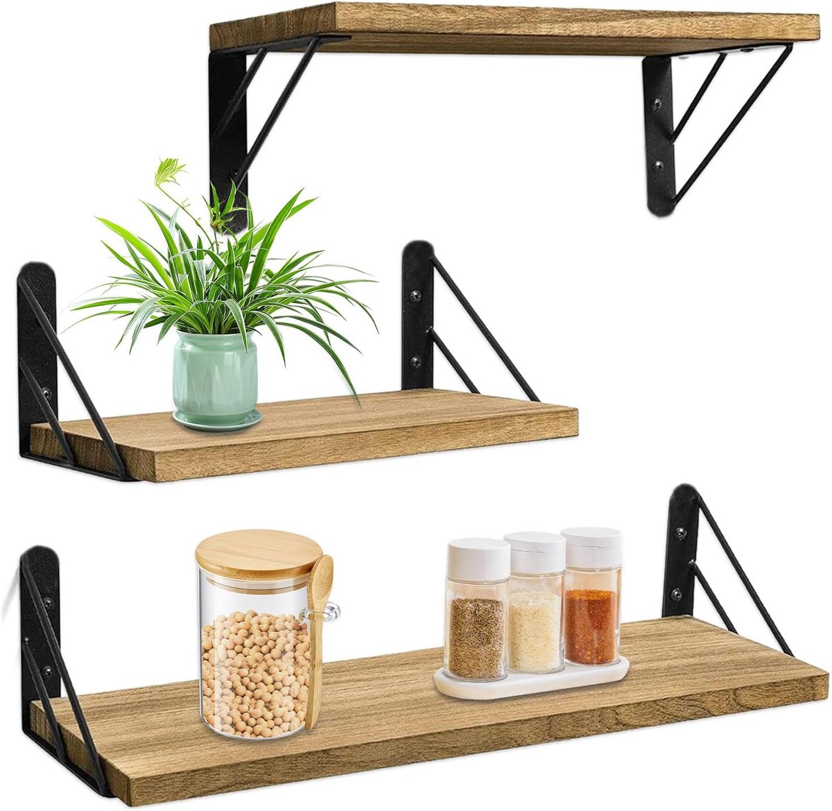 Set van 3 houten wandplanken, zwevend rek, 29/36/42 cm, maximale belasting 28 kg, voor woonkamer, slaapkamer, badkamer, keuken, kantoor