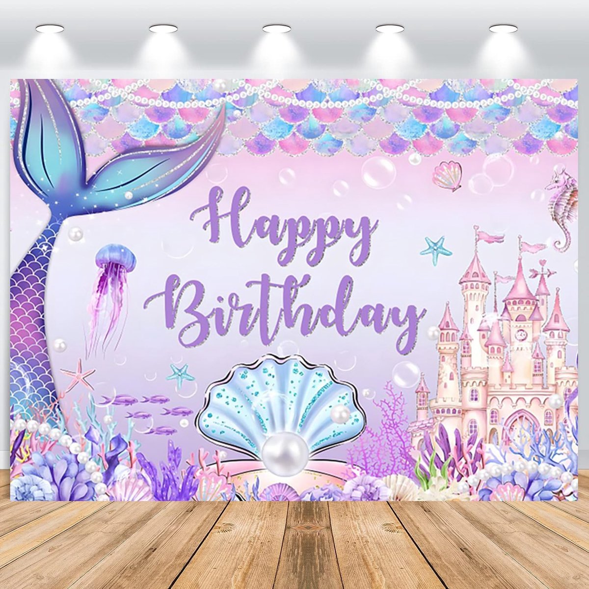 Verjaardagsfotoachtergrond 2,2 x 1,5 m, onder de zee, paars, zeemeermin, kasteel, fotografie, prinses, meisjes, verjaardag, feest, decoratie, banner, studio, rekwisieten