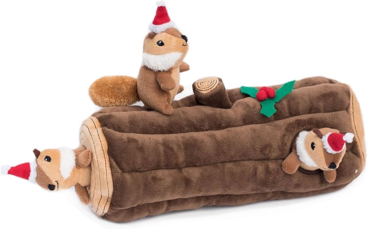 Paws ZP676 Holiday Zippy Burrow Yule Log Hondenspeelgoed - Interactief pluche verstoppertje met piepend speelgoed - 300 g