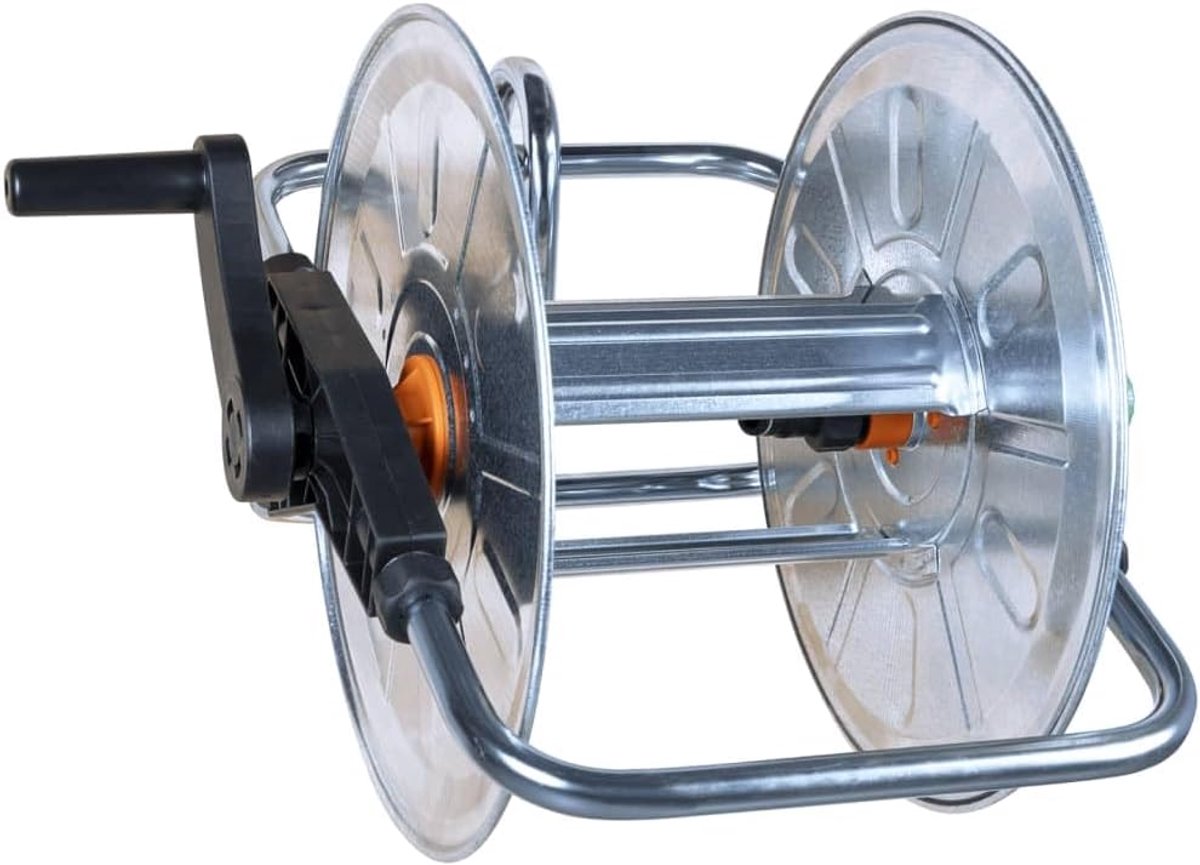 Slanghaspel wandmontage voor 50 m 1/2 inch of 35 m 3/4 inch tuinslangen, draaibare slanghouder van verzinkt staal, zilver