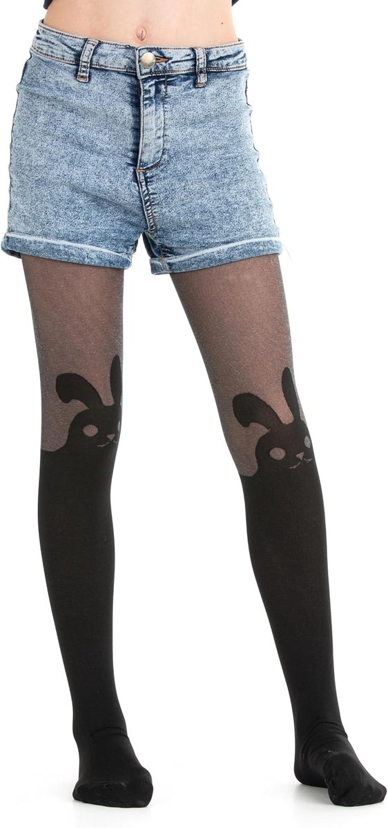 Panty met Konijn en Kat Motief, Grijs en Bordeauxrood, Strikjes, 80 Den, Dierenprint