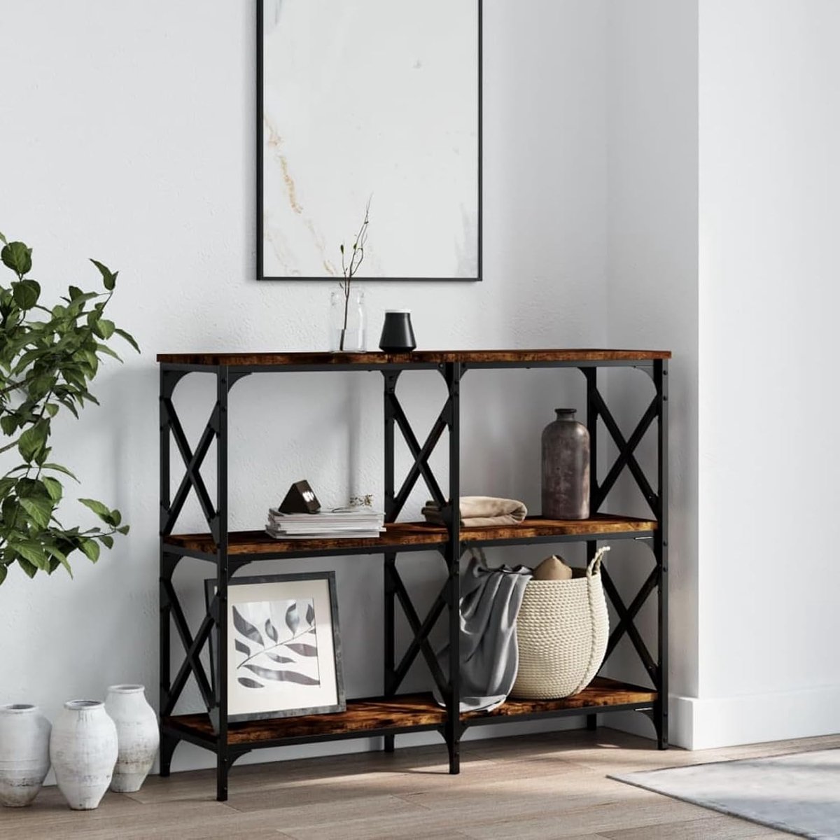 Consoletafel gerookt eiken, 100 x 28 x 80,5 cm, technisch hout, ingangsmeubel, eindtafel voor woonkamer, entree, hal, eetkamer