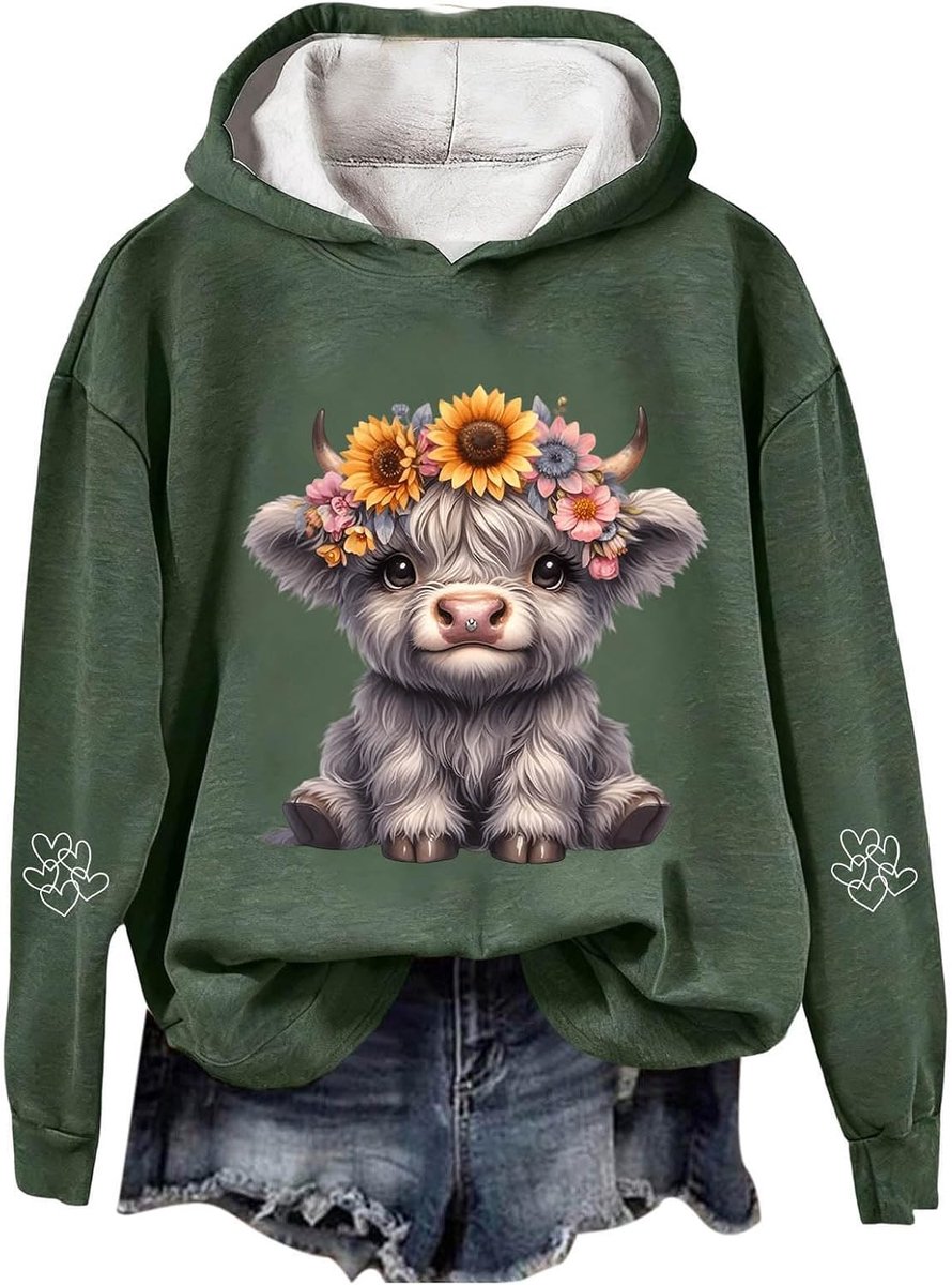Hoodie met koeienprint, grafische western, feestelijke trui voor comfortabel fleece sweatshirt, vakantiethema top