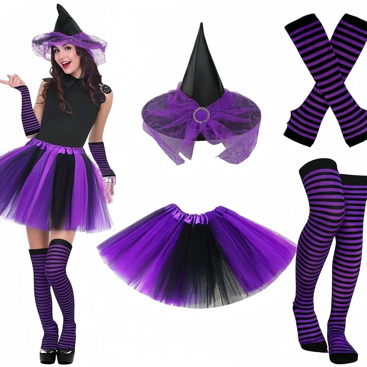 Kostuum accessoires Set voor volwassenen, hoed handschoenen kousen rok, Halloween rol