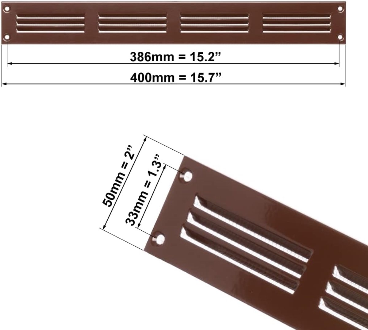 Ventilatierooster van metaal, bruin, 400 x 50 mm, 16 x 2 inch