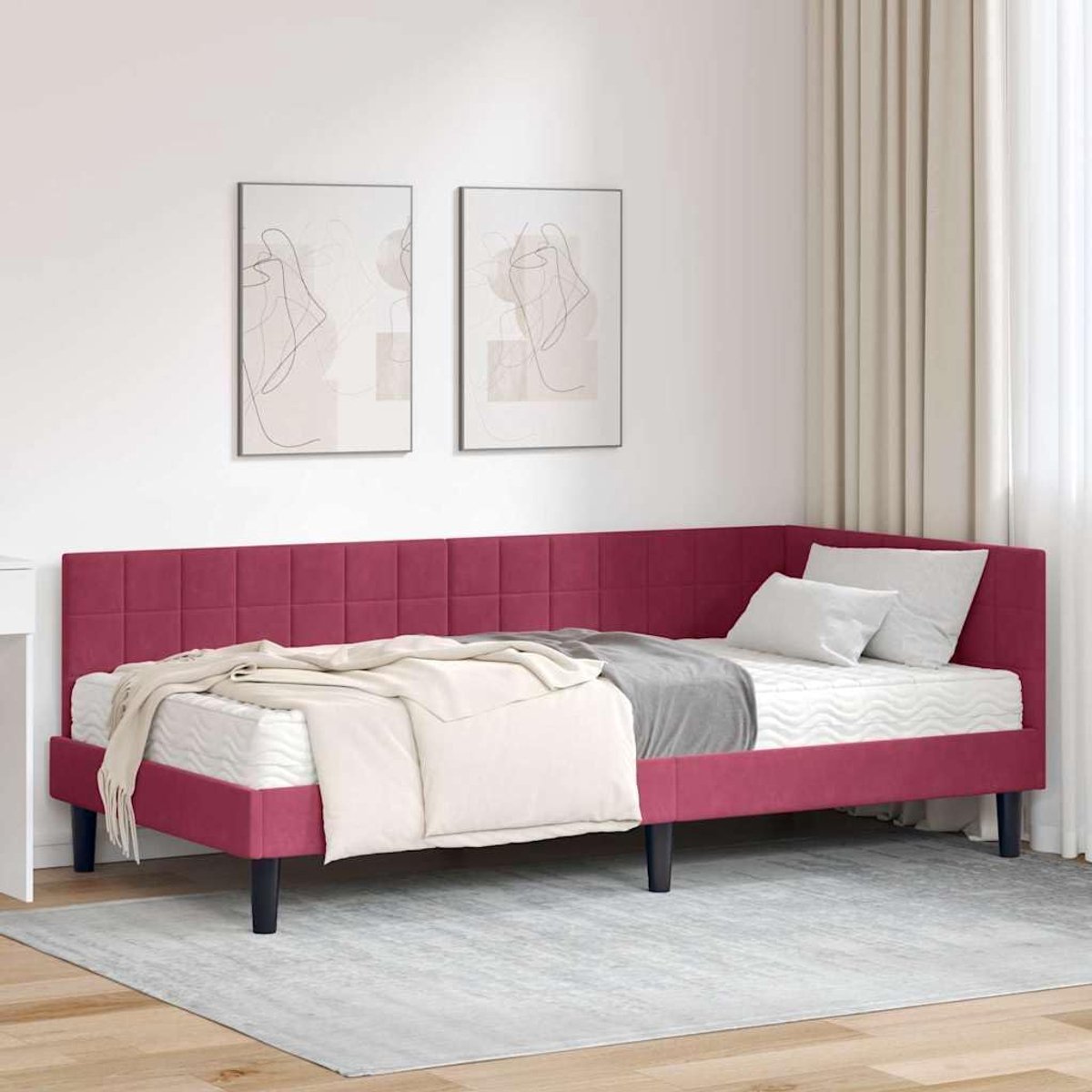 Hoekbedframe met matras, fluweel, groen, inclusief hoofdbord, 2 stuks en lattenbodem, verstelbaar hoofdeinde, middelsterke schuimmatras, stabiel multiplex frame