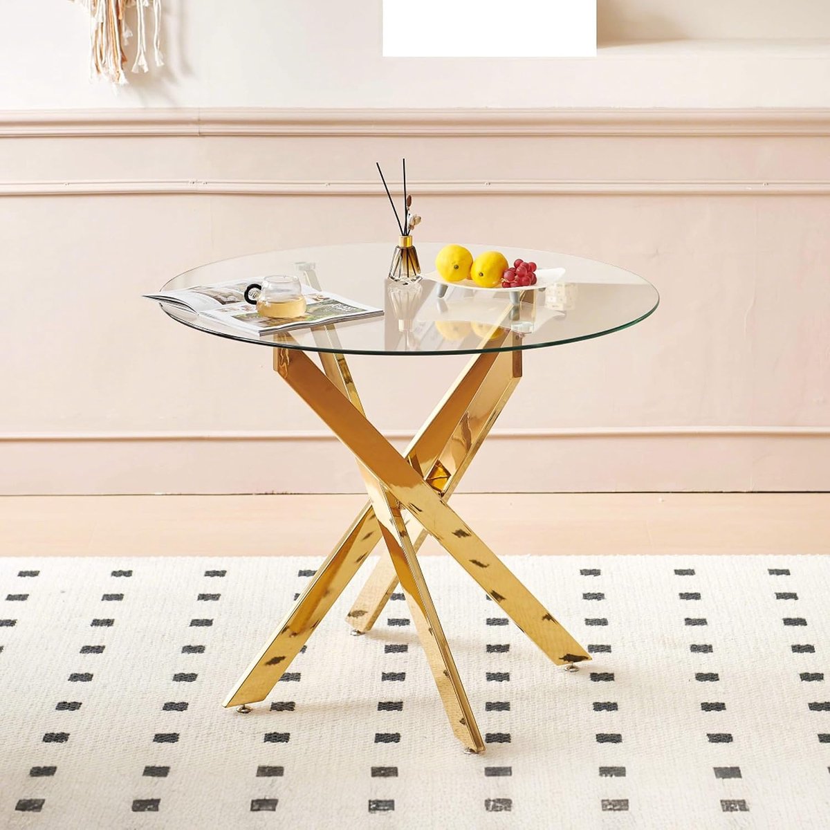 Ruimtebesparende eettafel, keukentafel met glasplaat en X-vormige metalen poten voor 2-3 personen, 80 x 80 x 75 cm (goud, rond)