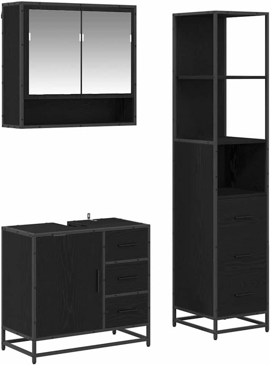 Badkamermeubelset 3-delig in zwart eikenlook van hout met spiegelkast, wastafel en kast, wandmontage voor ruimtebesparende opslag in klein