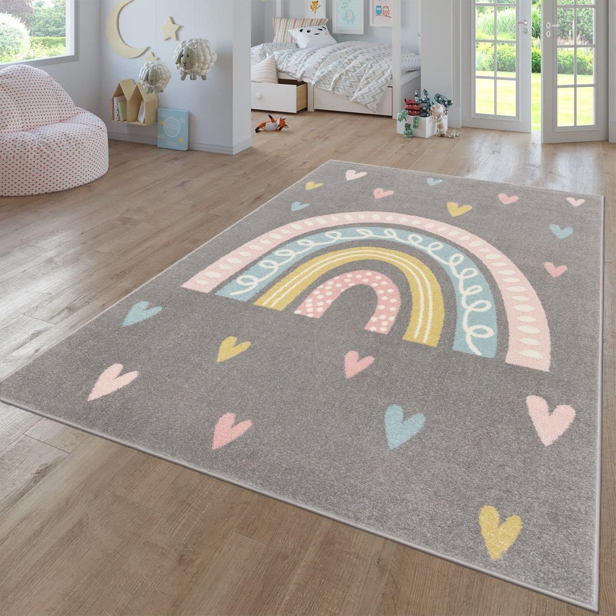 Home Tapijt Voor Kinderen Vloerkleed Kinderkamer Modern Regenboog Wolken Dierlijk motief Veelkleurig, Kleur:Grijs 2, Maat:160x220 cm