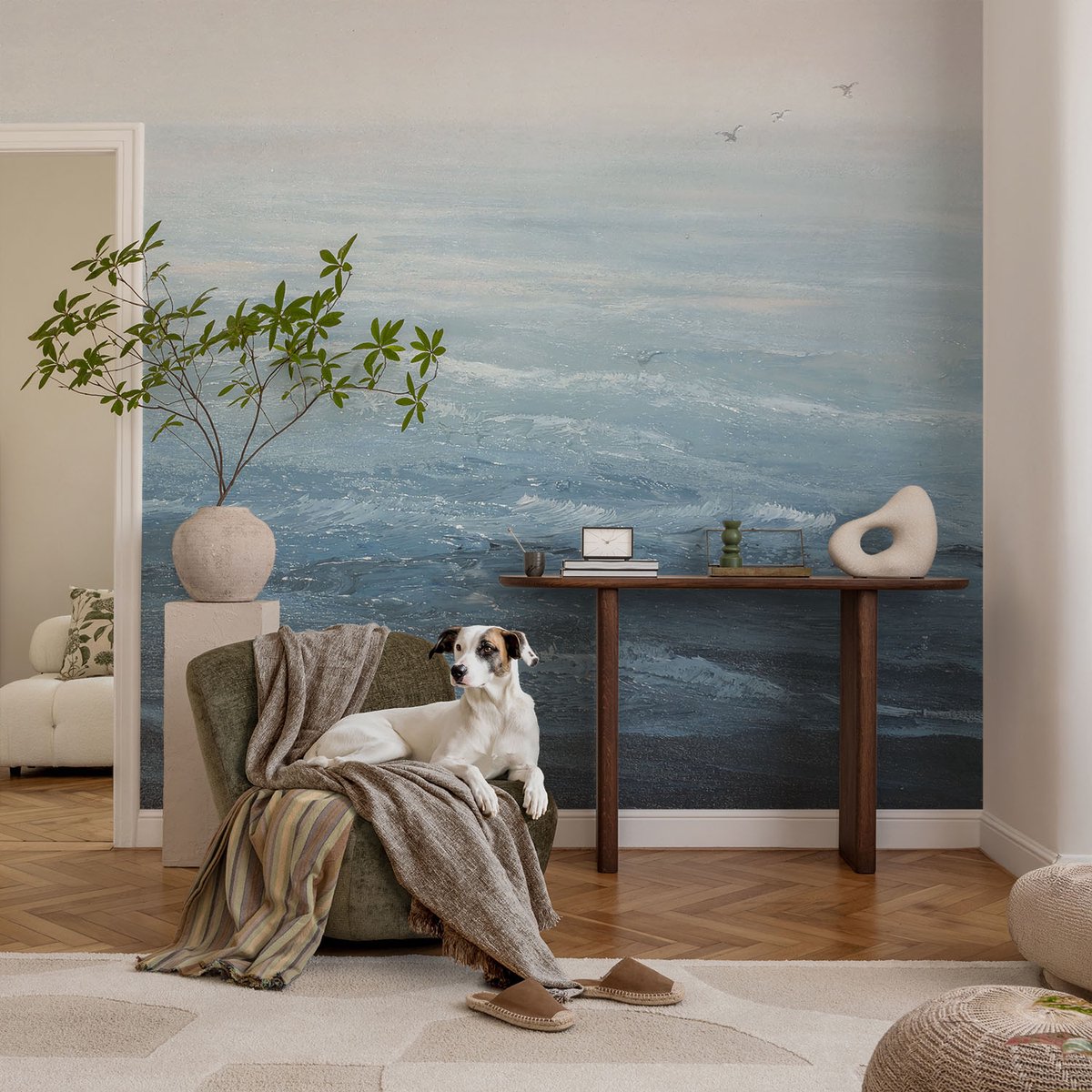 Coloray Vliesbehang - Blauw Snellijm Behang - 104x70 cm - De Zee Is Kalm. Muurschildering - Slaapkamer behang Landschappen - Fotobehang Vlies - Slaapkamer behang