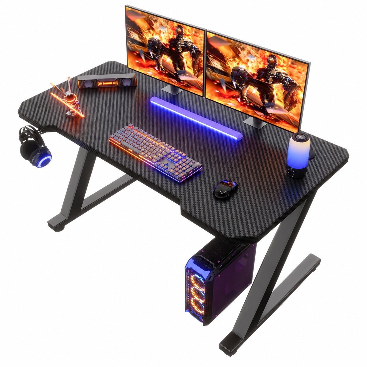 Devoko Gamingbureau 100*50 cm Breed – Carbonlook Bureau met Z-vormig Stalen Frame – Draagvermogen 80 kg – Koptelefoonhaak en Kabeldoorvoeren – Zwart