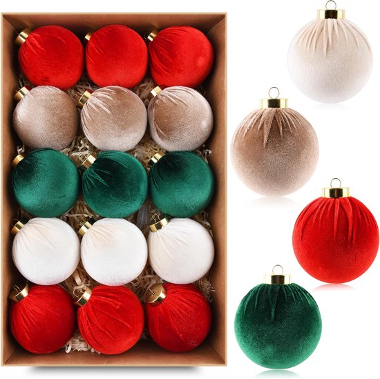 Fluwelen kerstballen – 15-delige set onbreekbare kerstboomversiering – Meerkleurig (rood, groen, bruin, beige) – 80 mm (3,15 inch)