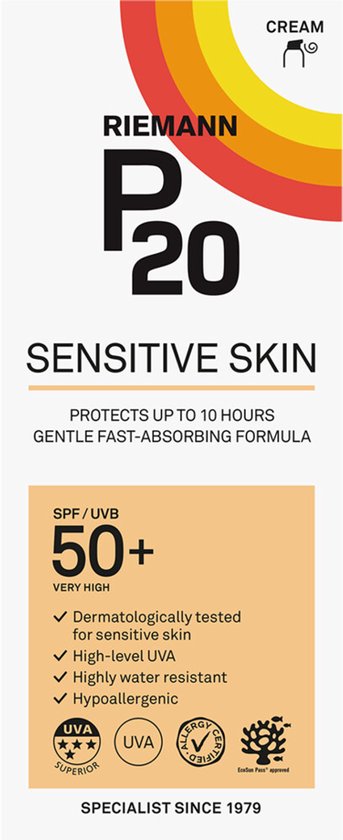 P20 sensitive skin crème, SPF 50+, hoge UVA/UVB-bescherming, dermatologisch getest.