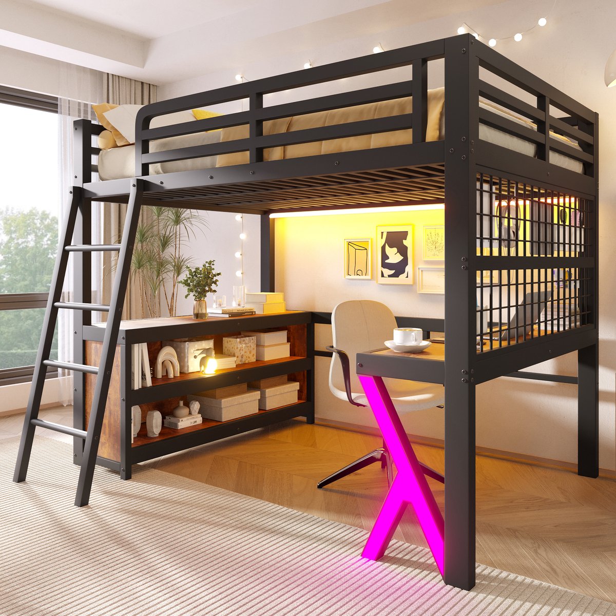 Zubaliya Metalen hoogslaper 140 x 200 cm - met bureau, opbergkasten en LED - zwart
