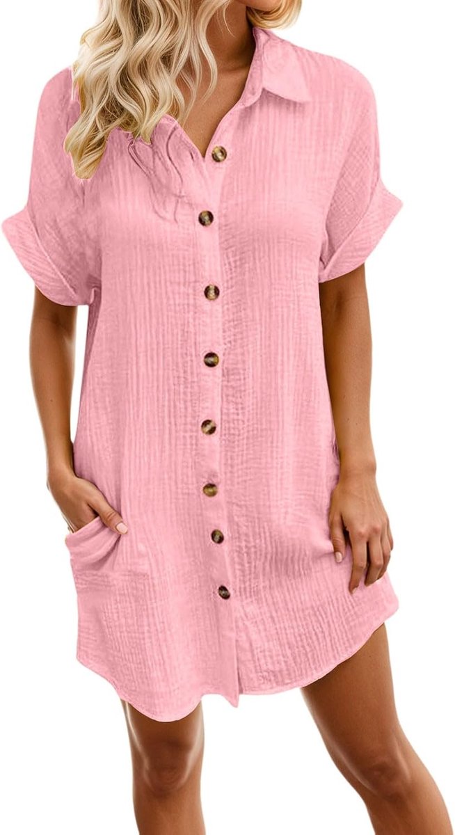 Sommerkleid Damen Leinen Kurzarm V-Ausschnitt Musselin Kleid Knielang Strandkleid Leicht Luftig Sommer Leinenkleid Freizeitkleid Knopfleiste Casual Tunika Kleider Shirtkleider mit Taschen Große größen