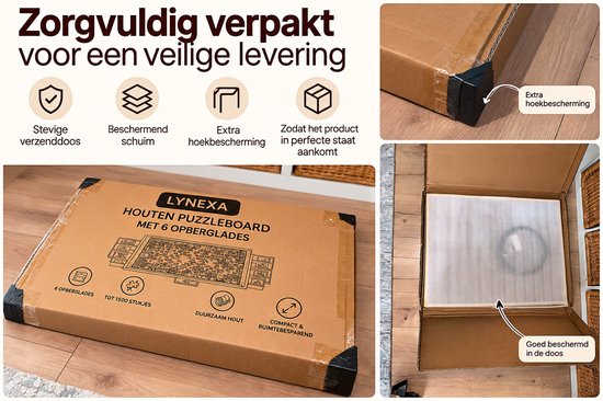 De doos van het puzzelbord met hoekbescherming, schuim en instructies voor een veilige verzending.
