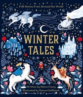 Boekomslag 'Winter Tales' met een donkerblauwe achtergrond, gouden tekst, sneeuwvlokken, dieren en folkloristische scènes.