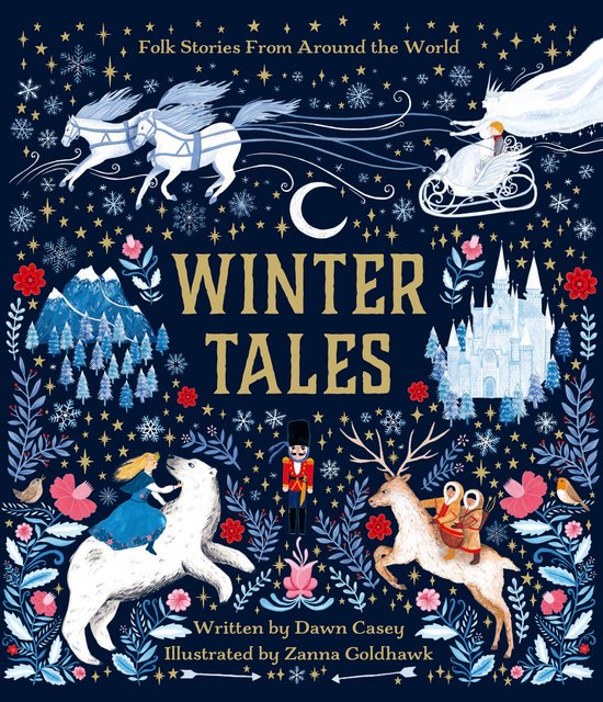 Boekomslag 'Winter Tales' met een donkerblauwe achtergrond, gouden tekst, sneeuwvlokken, dieren en folkloristische scènes.