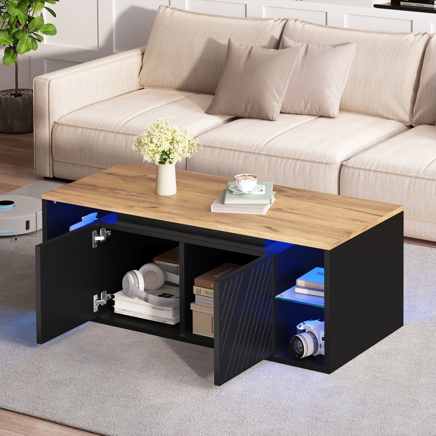 HAUSS SPOLE Salontafel Met Ledverlichting En Twee Deuren - Halfopen Opbergruimte Voor De Woonkamer - Spaanplaat In Zwart En Houtlook - 100 x 50 x 41 cm Zwart met houtlook