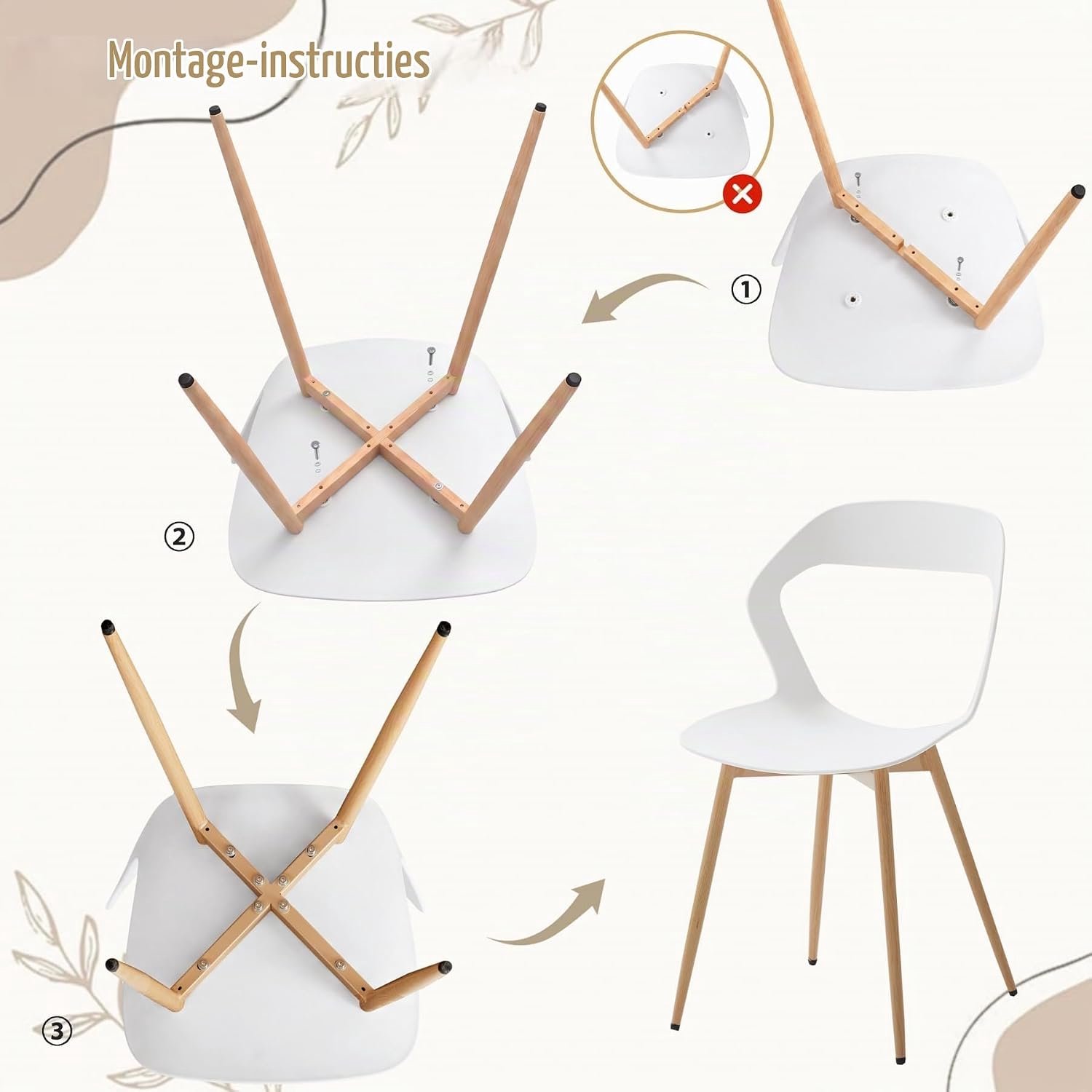 Set van 6 Witte Eetkamerstoelen met Ergonomische Rugleuning en Metalen Poten – Moderne Keukenstoelen, Woonkamerstoelen en Bureaustoelen voor Eetkamer, Kantoor en Vergaderruimte