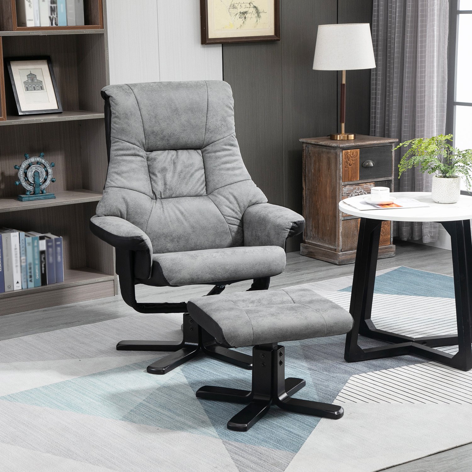 FloraGrace Relaxfauteuil 78 x 82,5 x 109 cm - Draaibaar en Handmatig Verstelbaar - Met Hocker voor de Woonkamer - Microvezelstof - Grijs