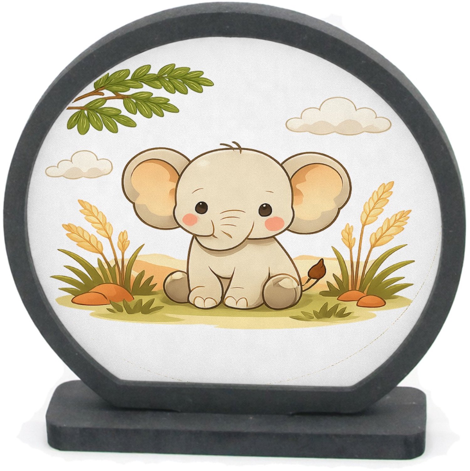 Mr Cadeautjes Houten fotolijst rond met MDF inleg - design Vriendelijke savanne-wereld met één centraal dier en botanis | cadeau Wit
