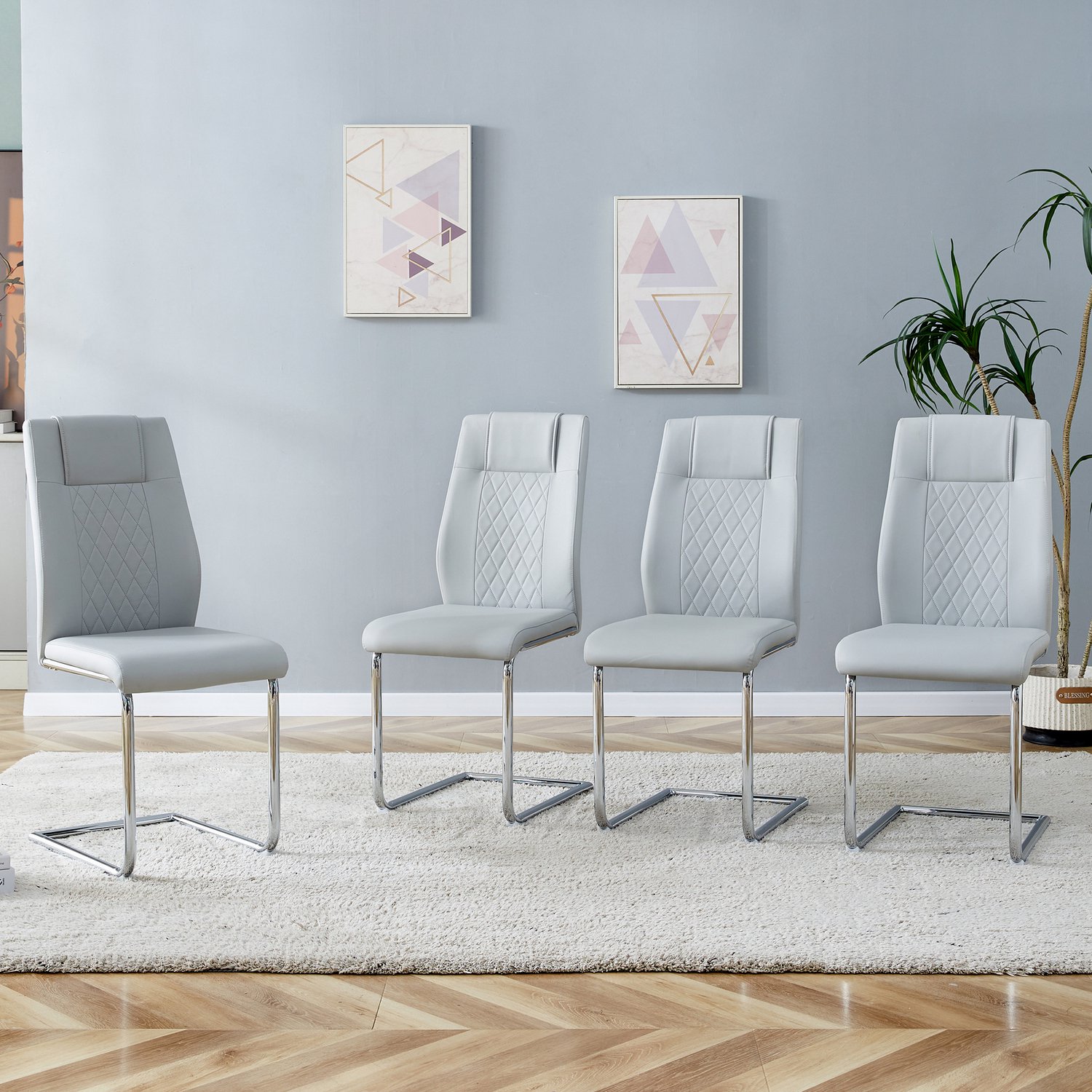 FloraGrace Eetkamerstoelen 48 x 41 x 97 cm - Set van 4 met Antislipvoetjes - Voor de Eetkamer - Kunstleer en Metaal - Lichtgrijs en Zilver