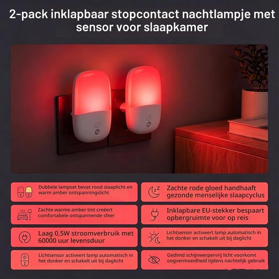 2 Stuks - Nachtlampje Stopcontact - Nachtlampje met 670 nm Rood Licht voor Slaaptherapie & Oranje Licht, Van Kleur Veranderend - 0,5 W - Dag & Nacht Sensor - Bioritme voor Betere Slaap - Voor Baby, Kind en Volwassenen - Zumolir® van Zumolir — afbeelding 5