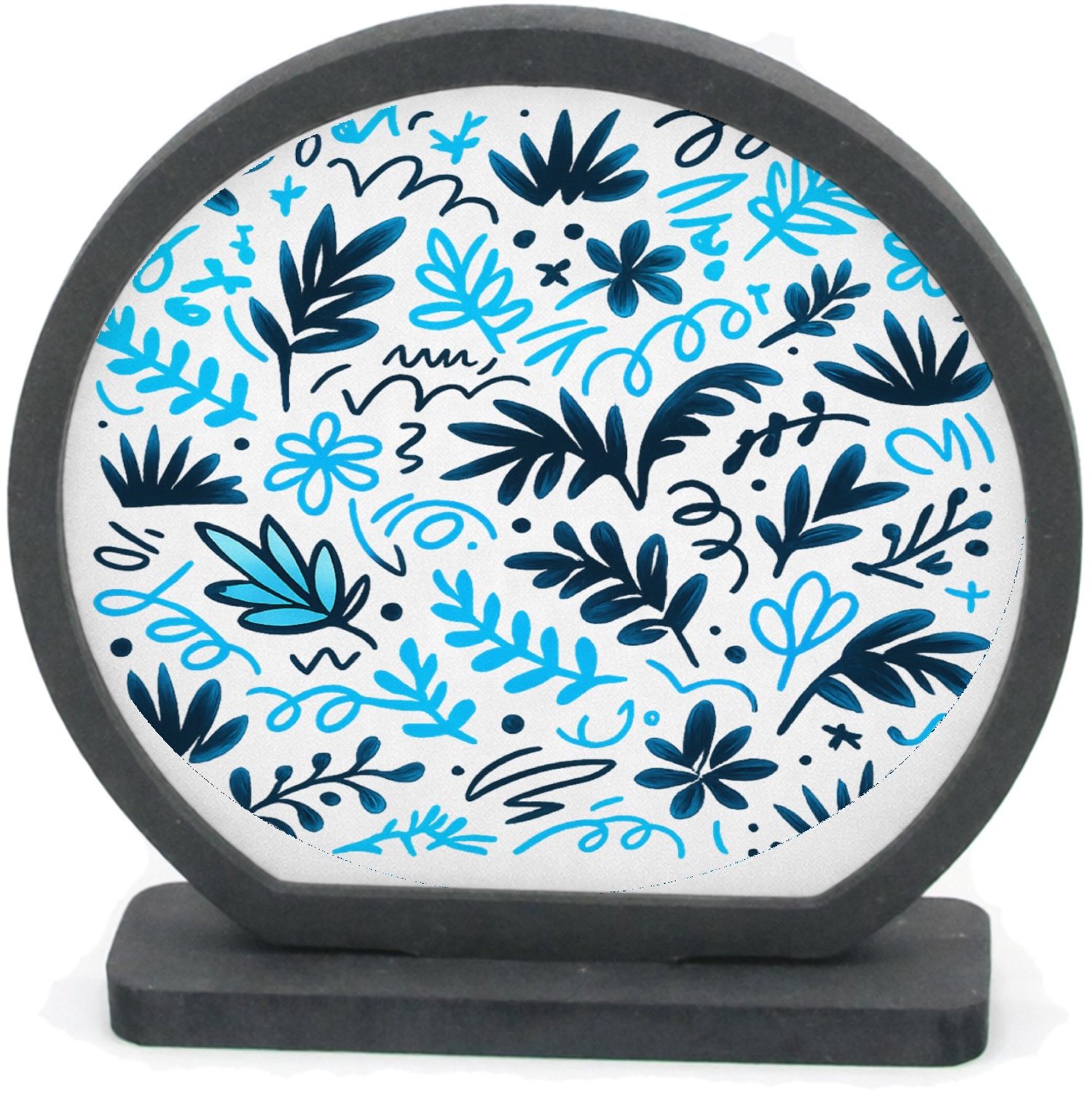 Mr Cadeautjes Houten fotolijst rond met MDF inleg - design Neonlijn-patroon met botanische vormen op zwart | cadeau Wit