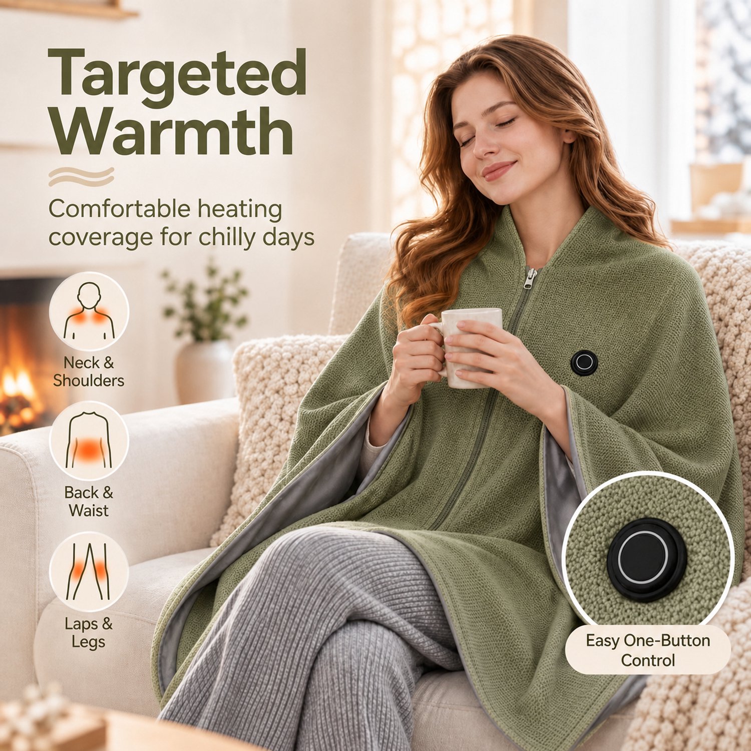 Ryoudavell - Draagbare Verwarmingsdeken Dames USB, 150x80cm Omslagdoek/Poncho met Rits, Gerichte Warmte voor Nek, Schouders, Rug en Benen - Zachte Synthetische Stof, Olijfgroen, voor Thuis, Kantoor, Reizen, Powerbank Niet Inbegrepen – foto 2