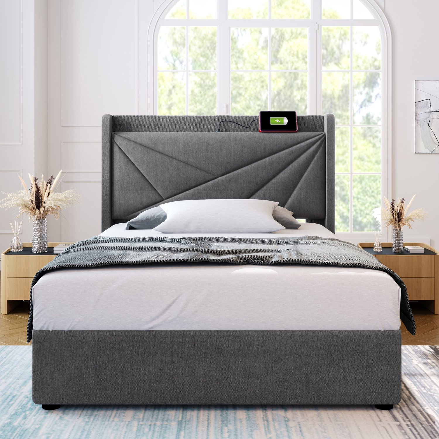 MUVANO Eenpersoonsbed 90x200 met opbergruimte - Gestoffeerd bed met matras - USB en USB-C - Katoen en linnen - Lattenbodem - Slaapkamer grijs