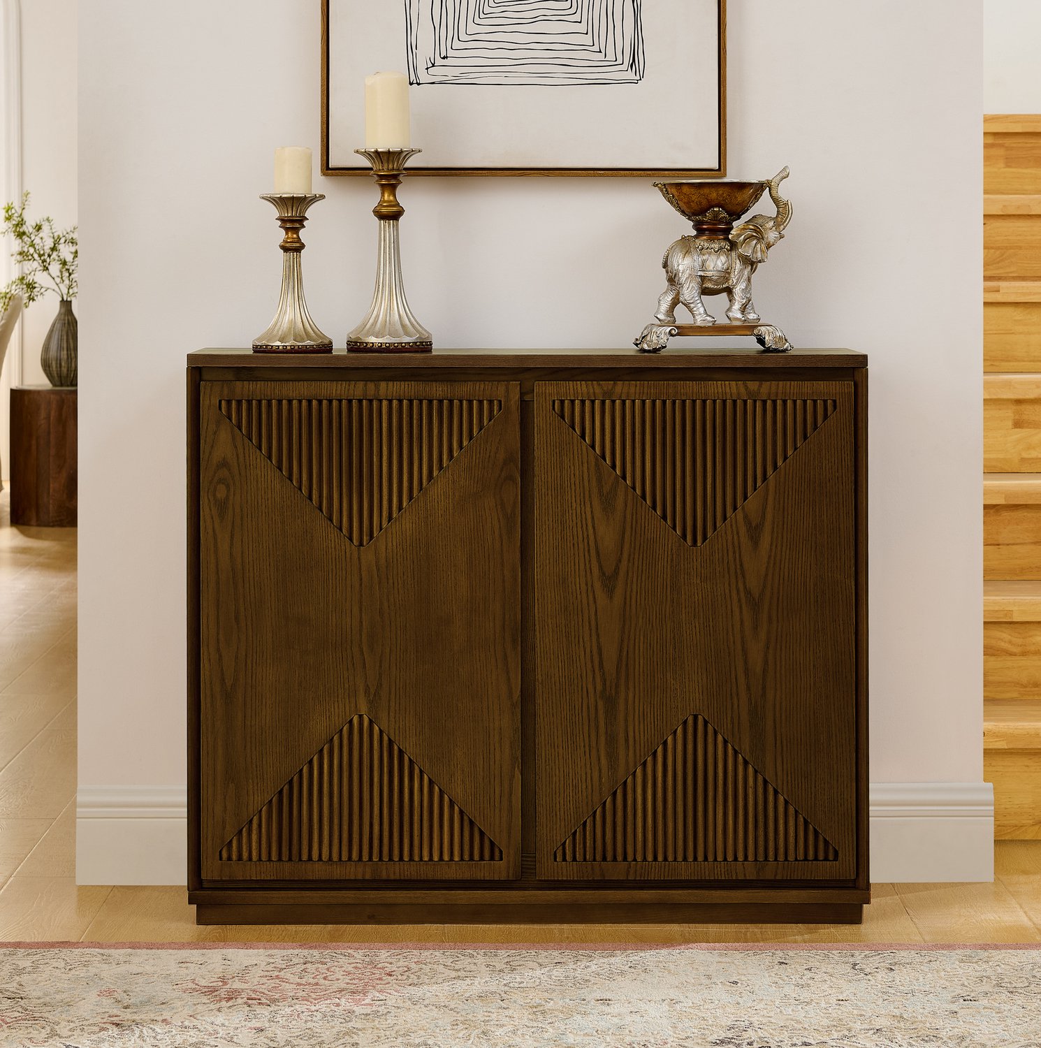 MODFU Dressoir - Twee Deuren - V-Vormig Reliëf - MDF En Hout - Bruin - 99,06 Cm