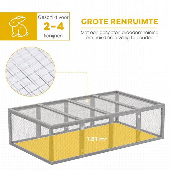Grote dierenren van 1,81 m² met gespoten gaashekwerk, geschikt voor 2-4 konijnen.