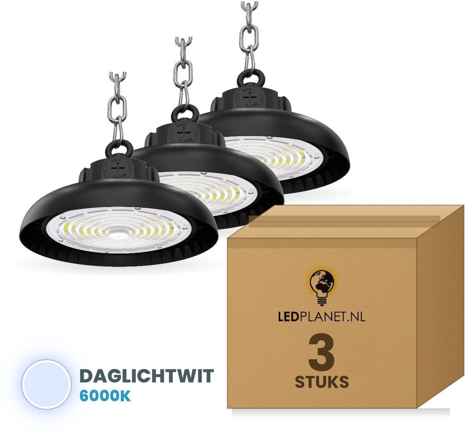 Tsong UFO Lamp - LED High Bay 200W - 39.000 lm - Daglichtwit 6000K - 3 stuks - Instelbaar 120/160/200W - 0-10V Dimbaar - IP65 - Hal, Werkplaats- & Garageverlichting - 5 jaar garantie