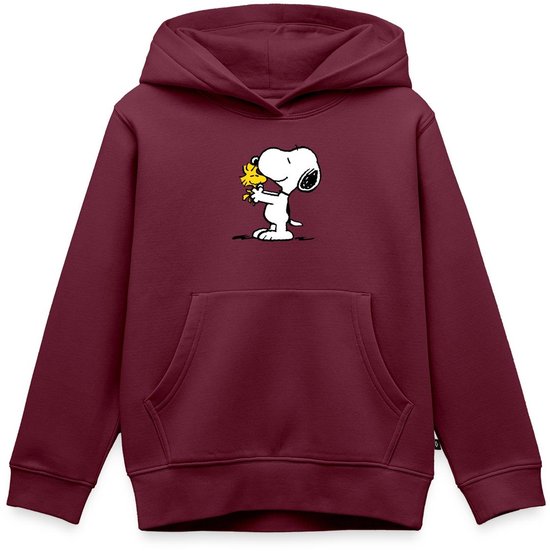 Bordeauxrode hoodie met Snoopy en Woodstock print op de voorkant.
