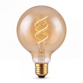Lucide G95 filamentlamp met amberkleurig glas en spiraalvormig gloeidraad, tegen een witte achtergrond.