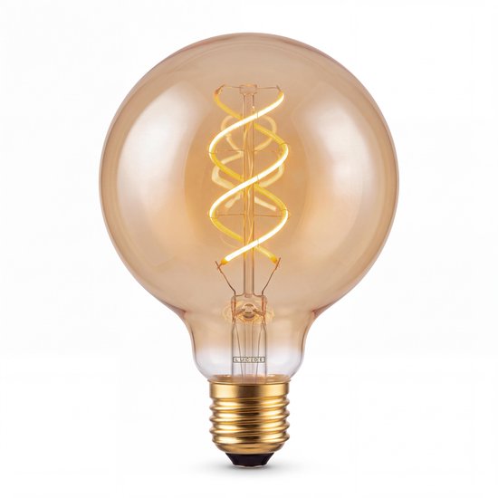 Lucide G95 filamentlamp met amberkleurig glas en spiraalvormig gloeidraad, tegen een witte achtergrond.