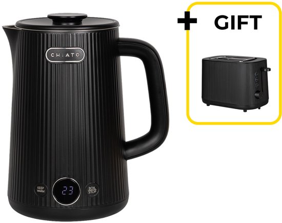 Zwarte CHiATO waterkoker met geribbelde textuur, digitaal display en gratis zwarte broodrooster als cadeau.