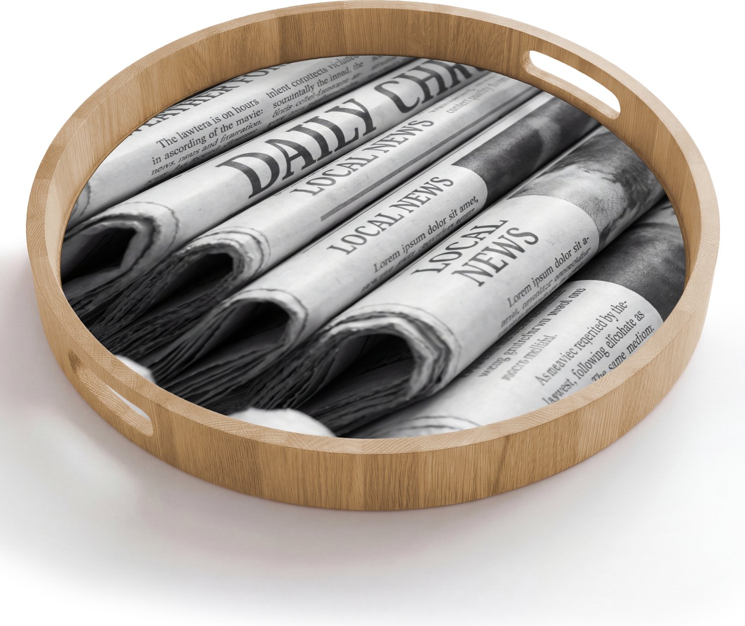 Dienblad rond 50x50 cm - Schootdienblad hout - Krant - Stapel - Nieuws - Zwart-wit - Media - Borrelplank rechthoek - Plateau houten dienbladen